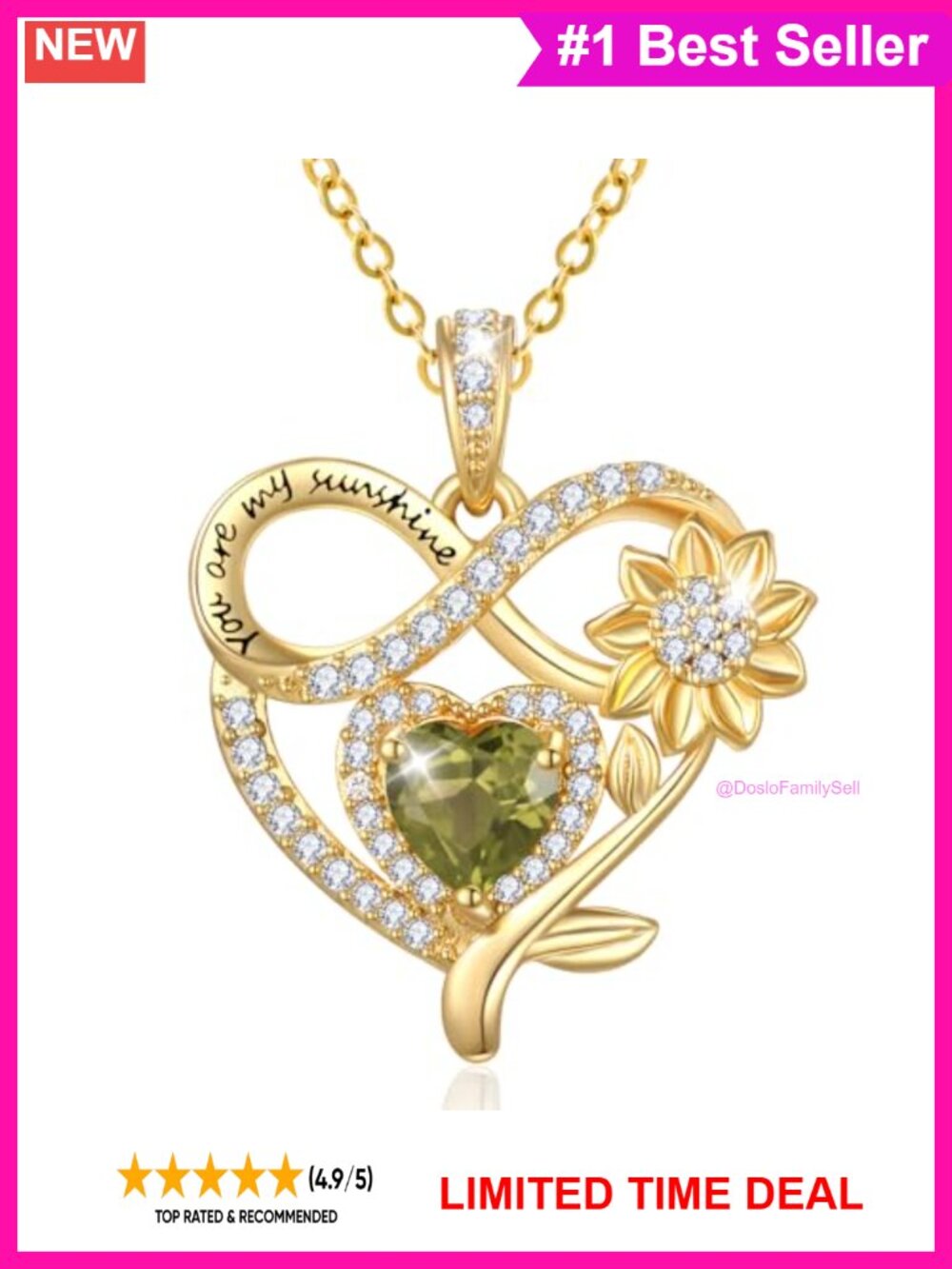 14K Gold Plated Sunflower Heart Birthstone Pendant Necklace